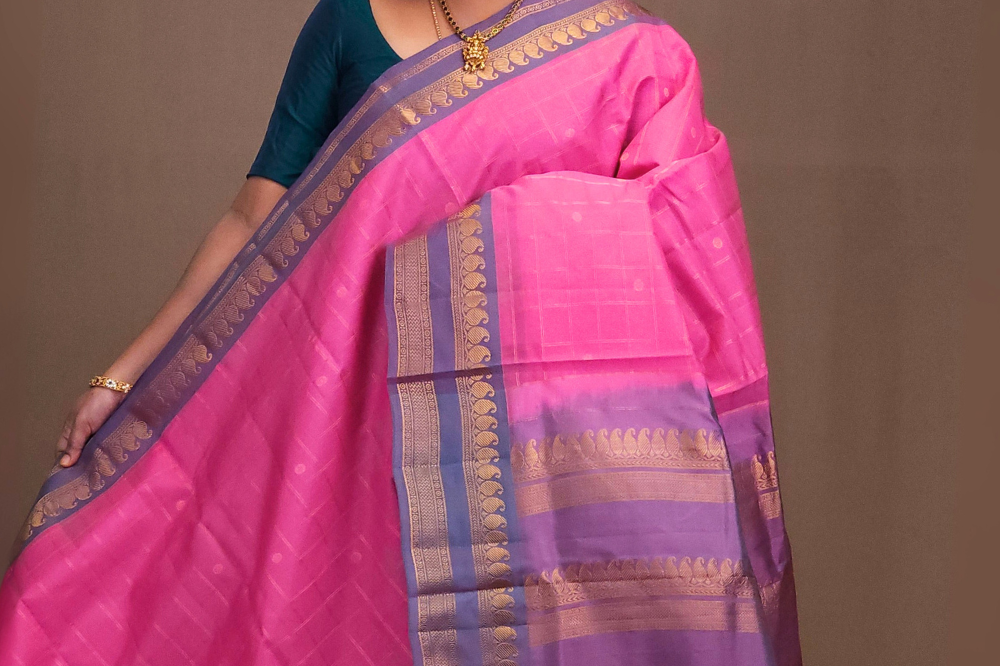 Lotus pink Gadwal silk cotton saree with Rama Green zari-woven border