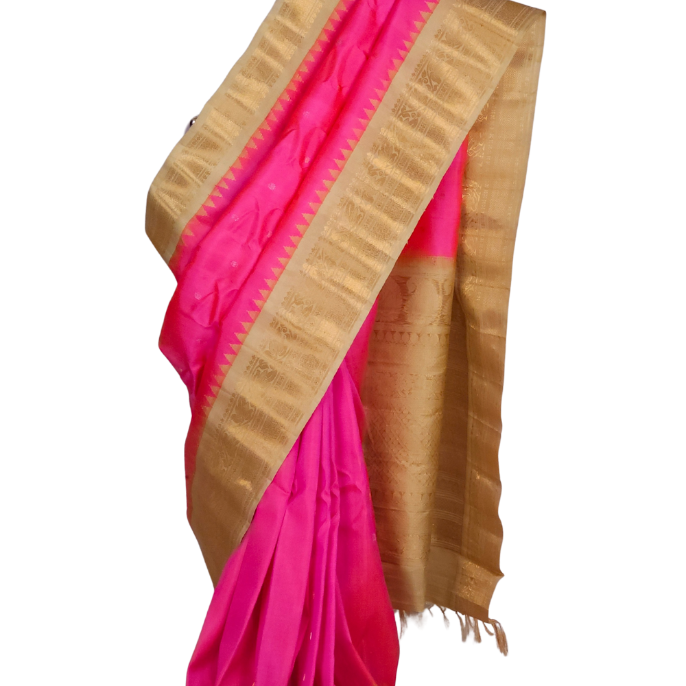 Lotus pink handloom Gadwal pure silk saree with beige zari woven border and rich brocade pallu
