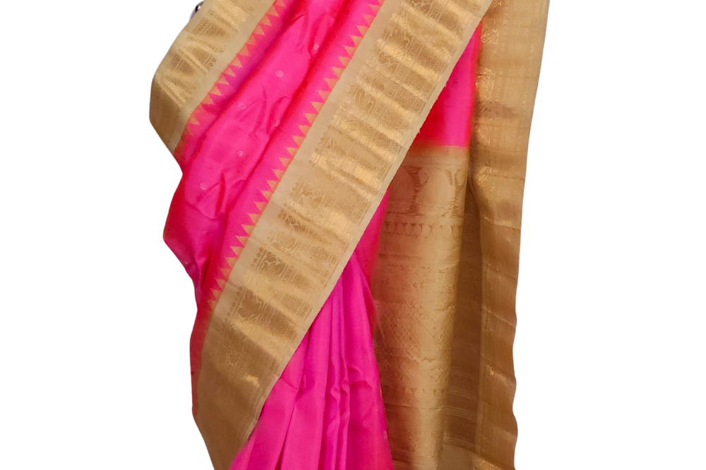 Lotus pink handloom Gadwal pure silk saree with beige zari woven border and rich brocade pallu
