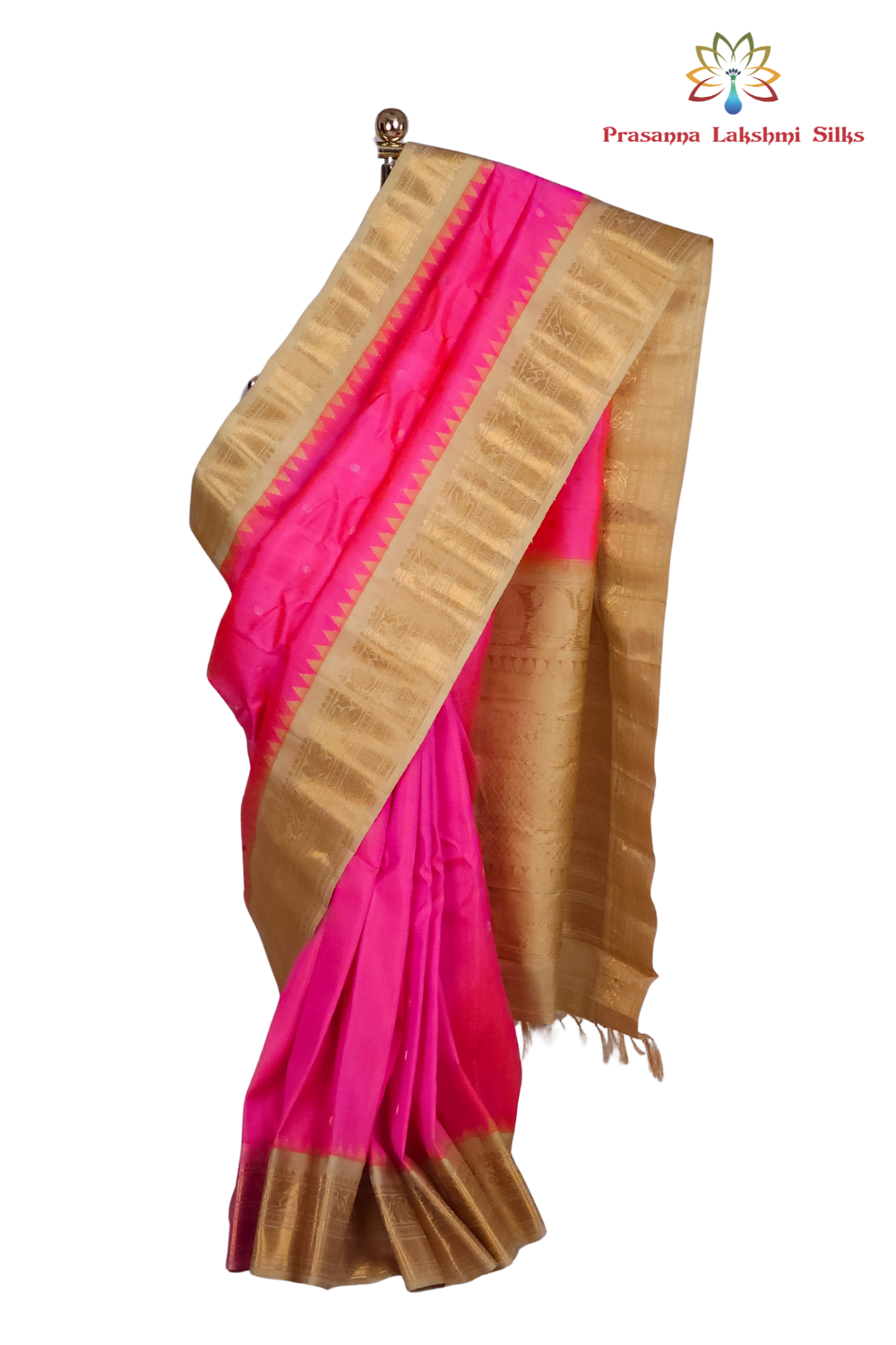 Lotus pink handloom Gadwal pure silk saree with beige zari woven border and rich brocade pallu
