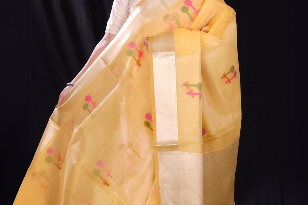 yellow Lightweight organza silk saree for party wear