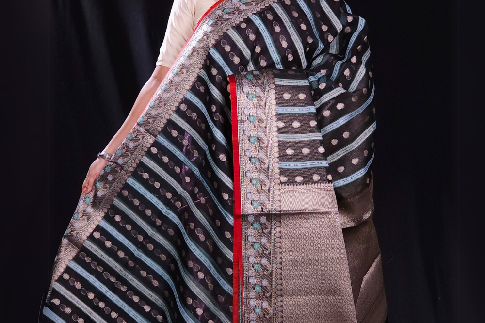 Black fancy saree with zari borders