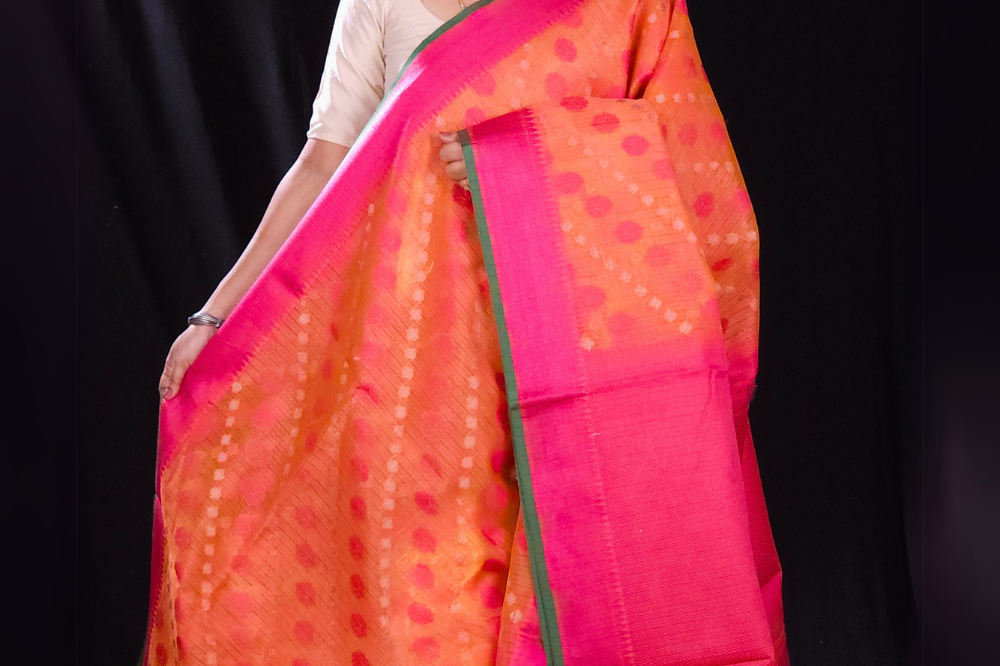 yellow and pink fancy saree with zari borders