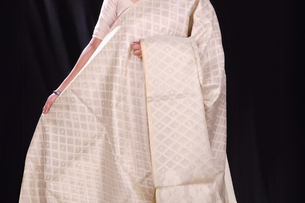 cream tissue silk saree for party wear