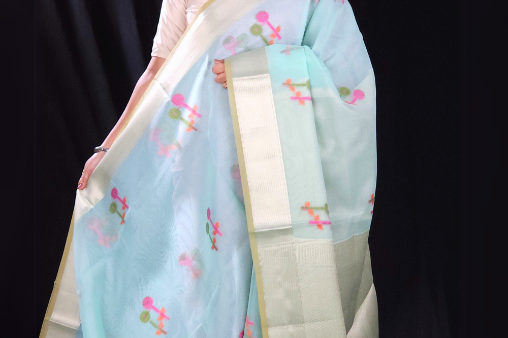 pastel blue Lightweight organza silk saree for party wear