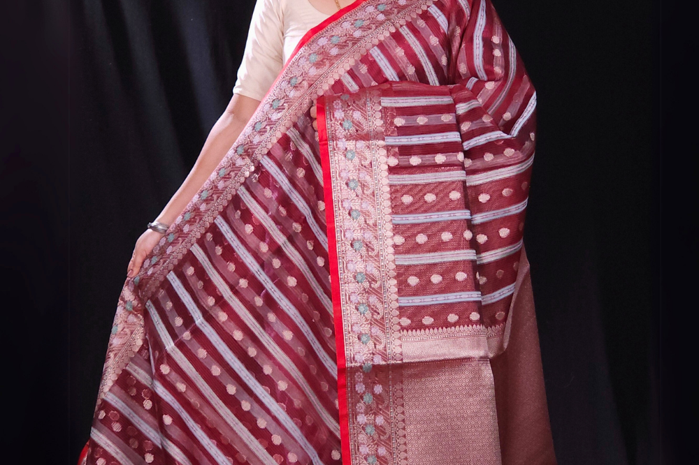 maroon red fancy saree with zari borders