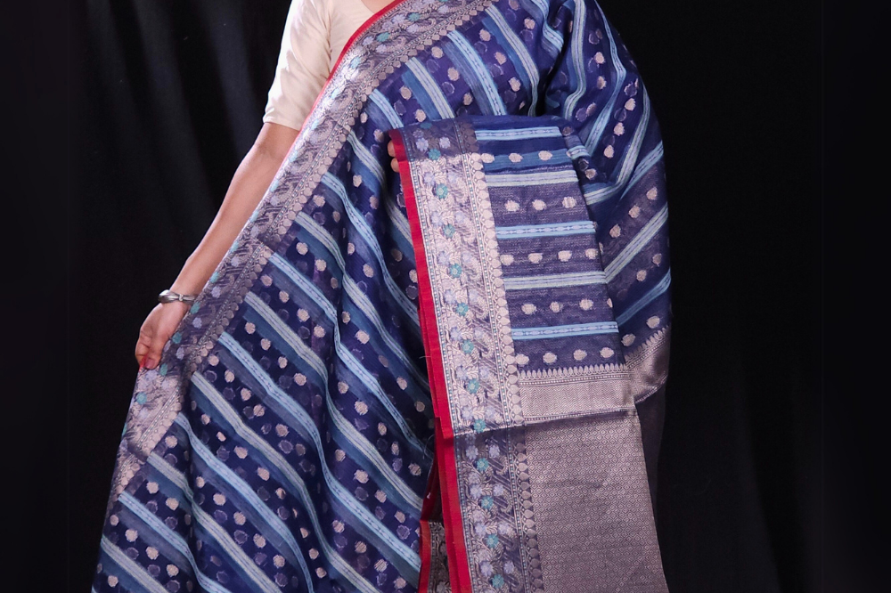 Prussian blue fancy saree with zari borders