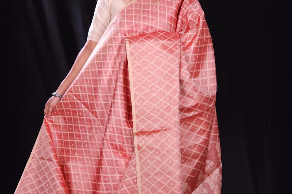 brick red tissue silk saree for party wear