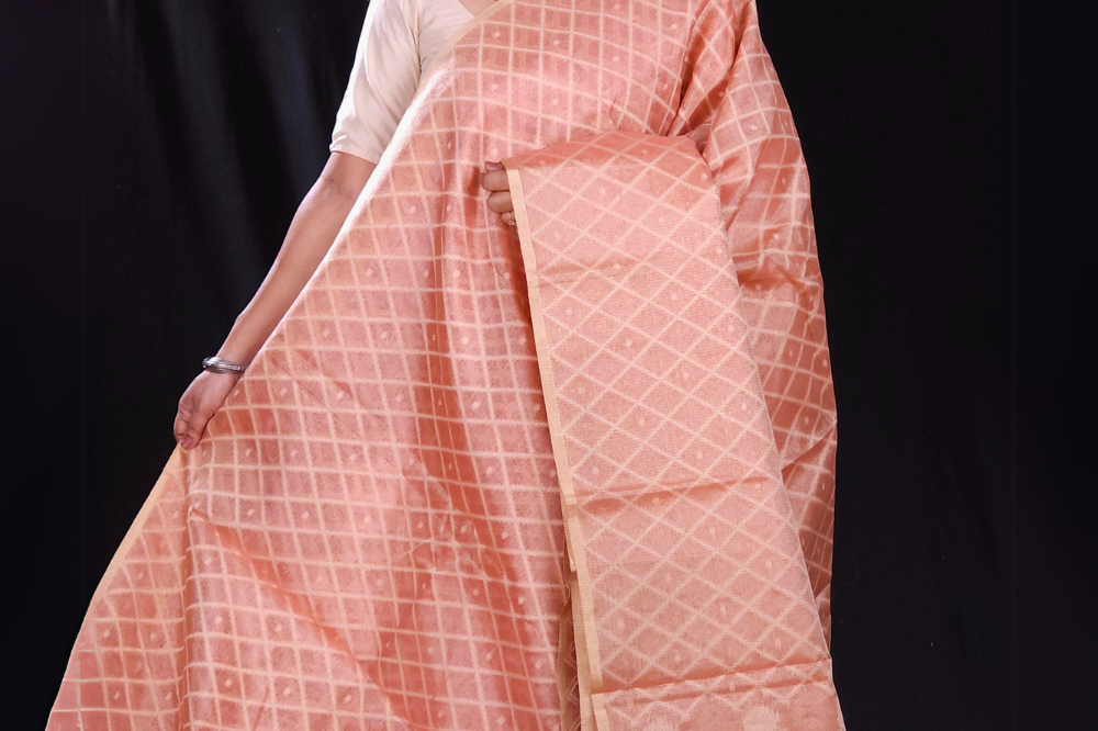 peach tissue silk saree for party wear