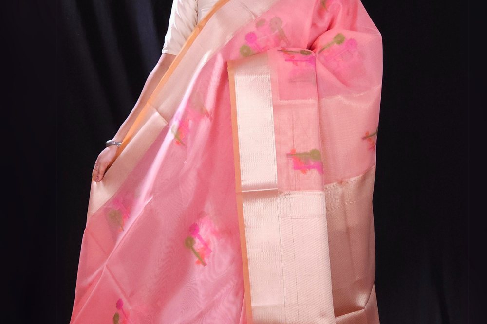 Coral pink Lightweight organza silk saree for party wear