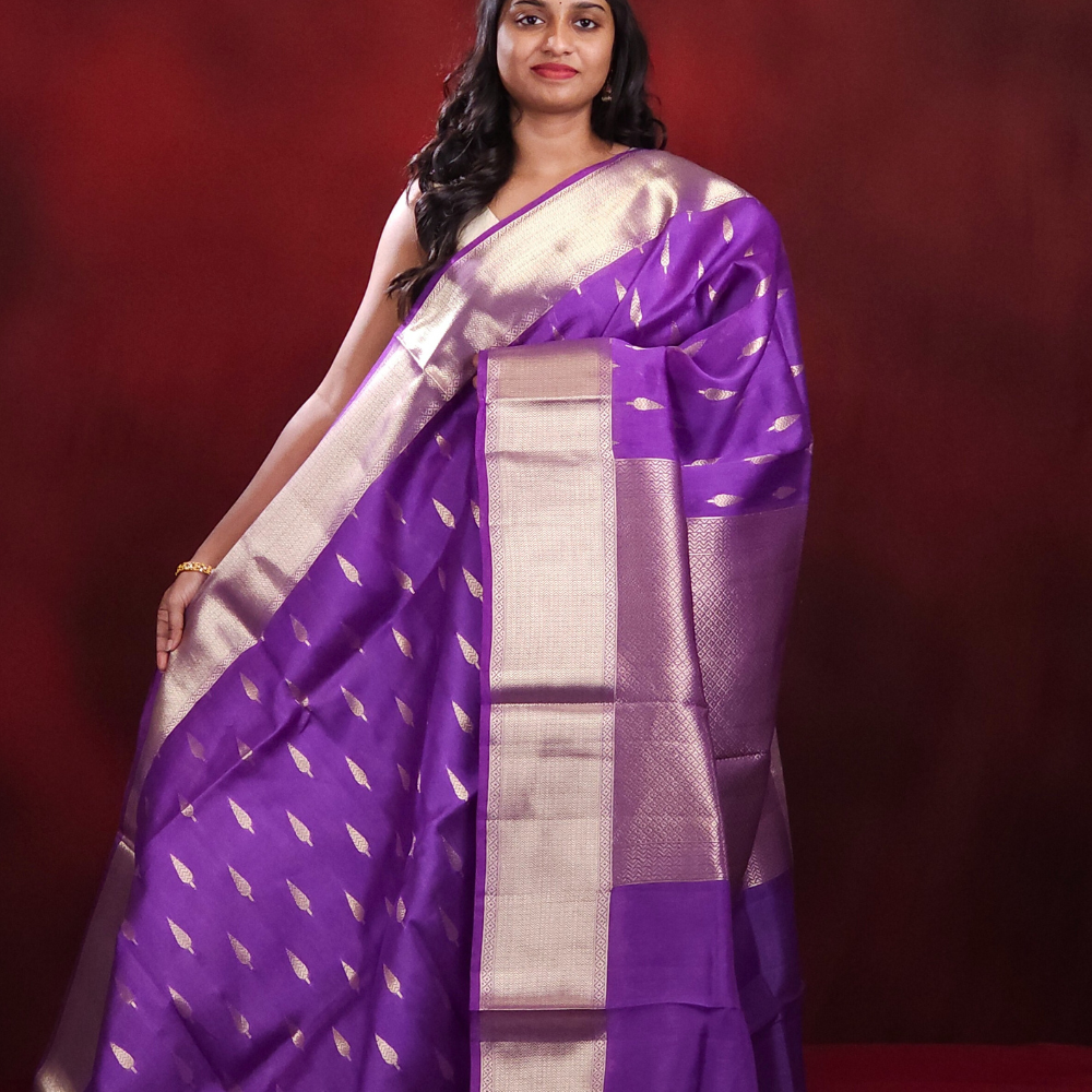 Kora sareeall-over Zari woven leaf motifs 