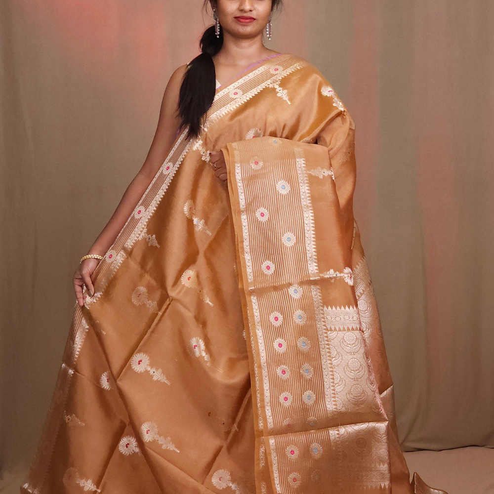 Chiniya Silk Saree with all-over zari floral motifs and rich brocade pallu
