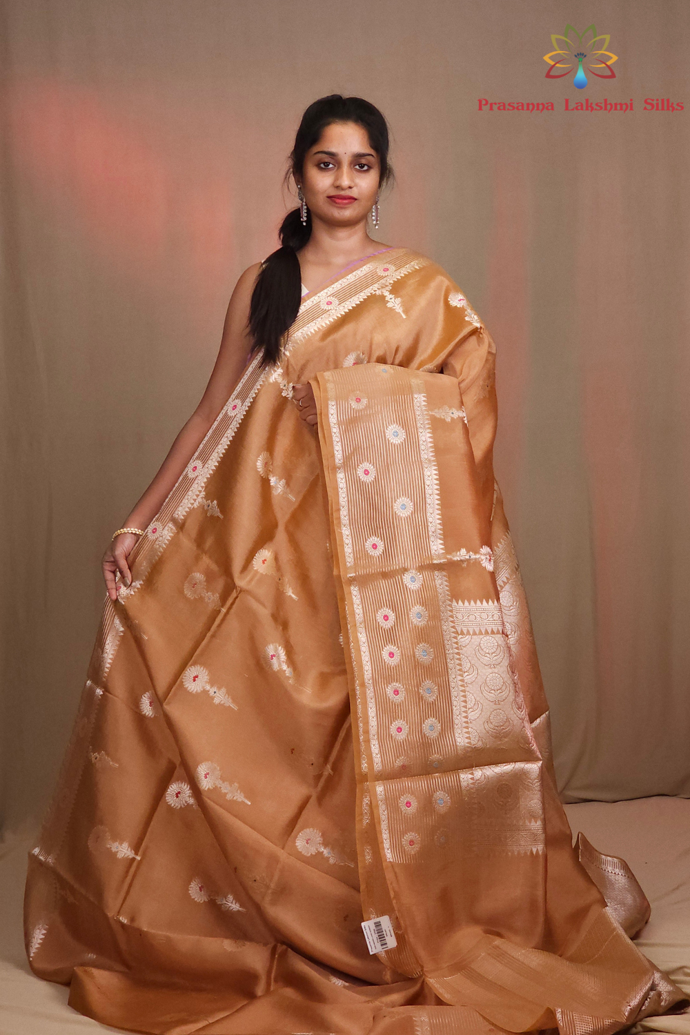 Chiniya Silk Saree with all-over zari floral motifs and rich brocade pallu

