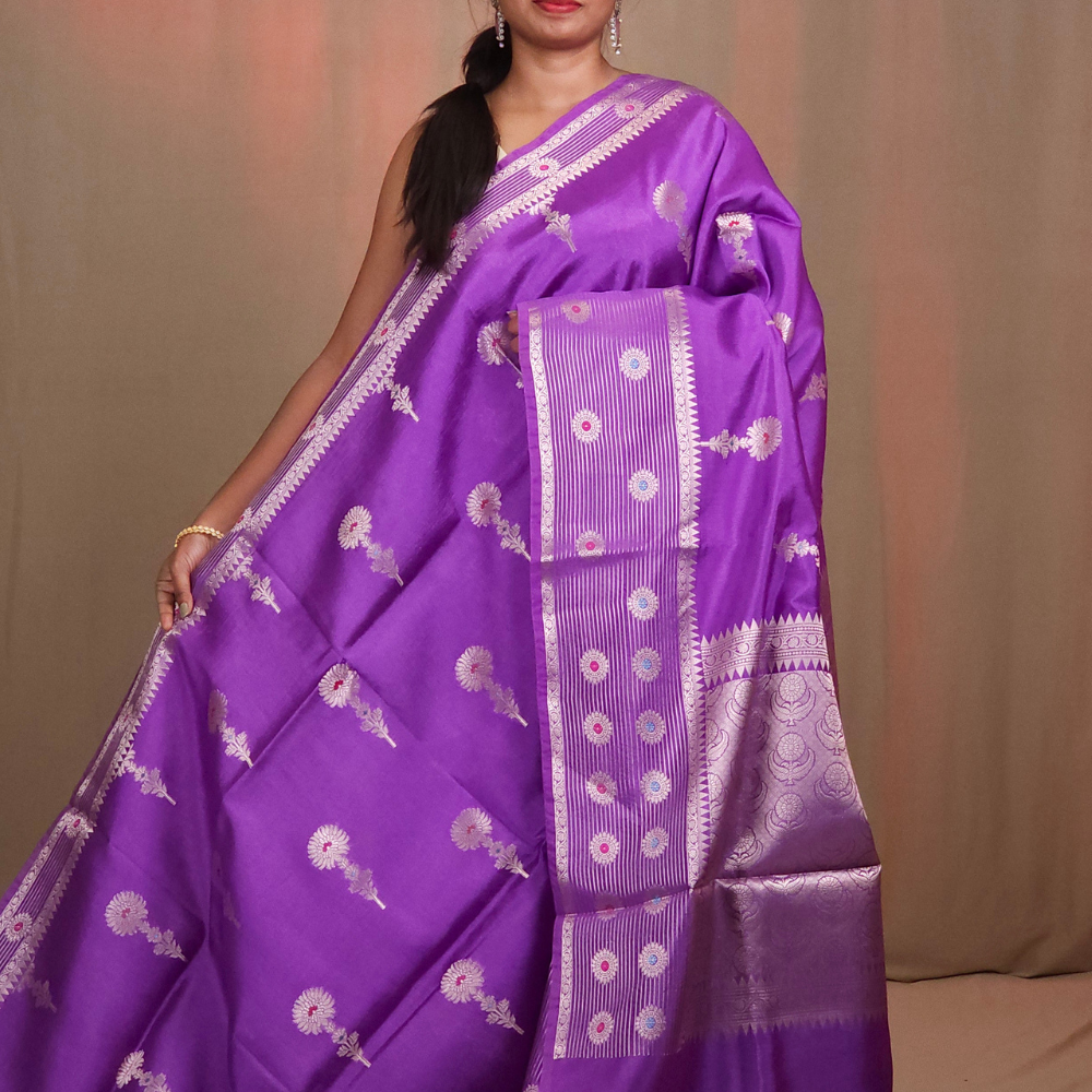 Chiniya Silk Saree with all-over zari floral motifs and rich brocade pallu