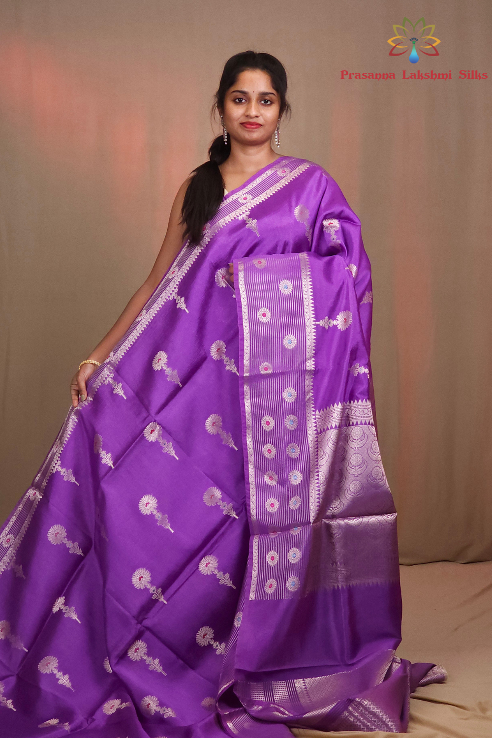 Chiniya Silk Saree with all-over zari floral motifs and rich brocade pallu
