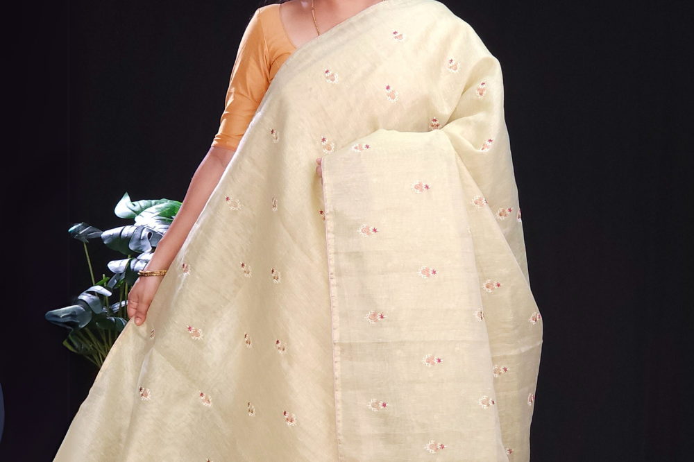 Lightweight golden jute tissue saree for festive wear