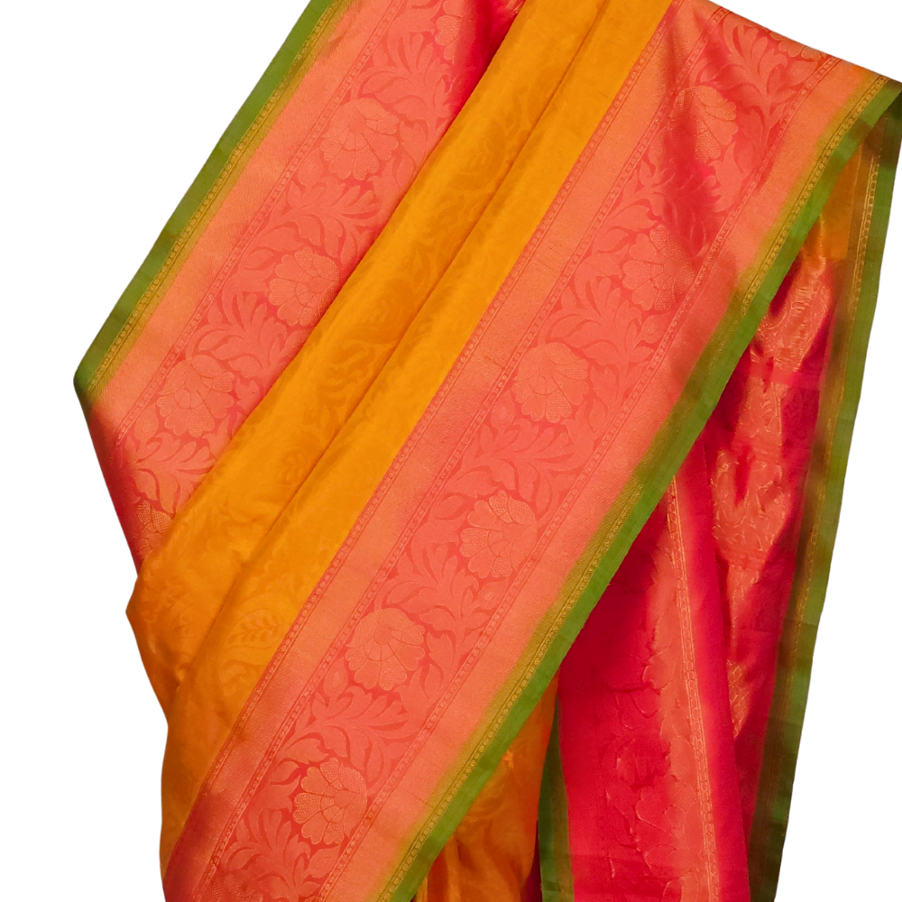 Mango Yellow Pure Handloom Gadwal Silk Saree with pink turning borders and rich zari brocade pallu


