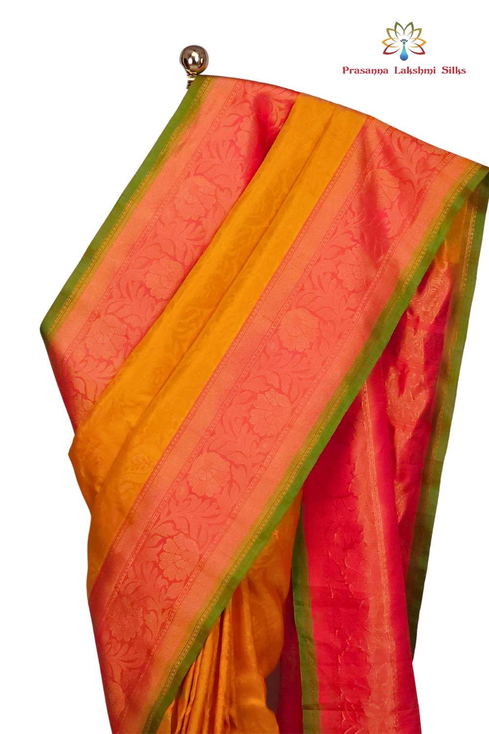 Mango Yellow Pure Handloom Gadwal Silk Saree with pink turning borders and rich zari brocade pallu

