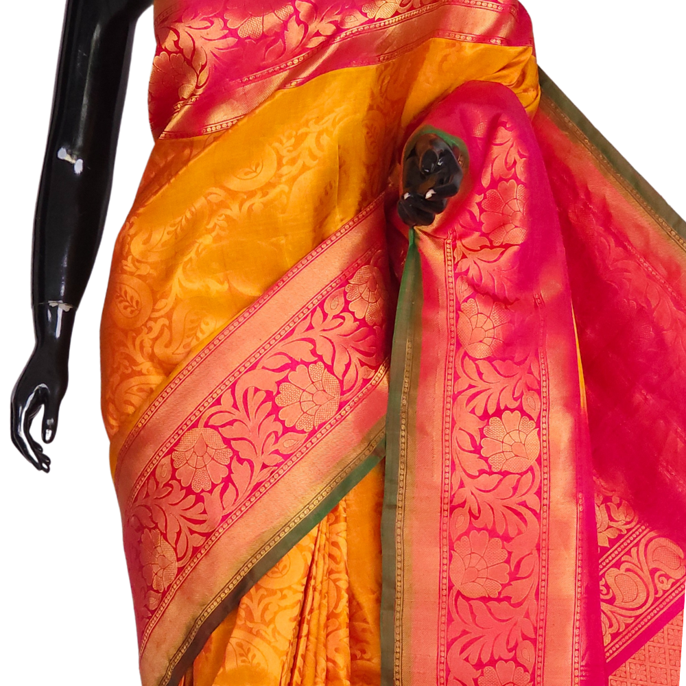 Mango Yellow Pure Handloom Gadwal Silk Saree with pink turning borders and rich zari brocade pallu

