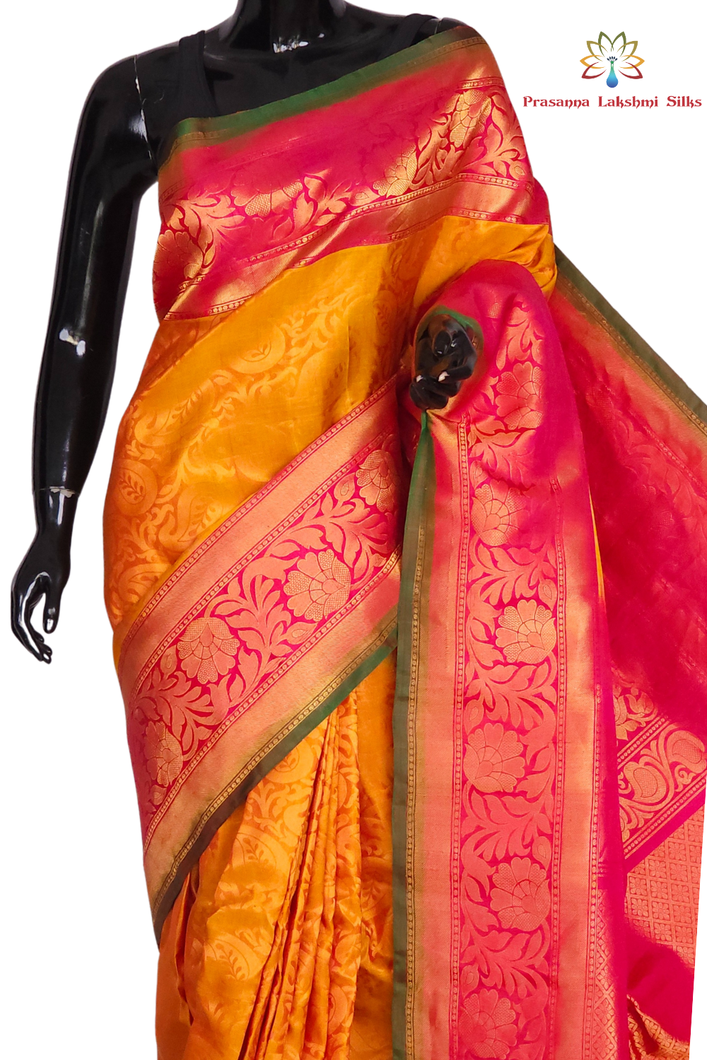 Mango Yellow Pure Handloom Gadwal Silk Saree with pink turning borders and rich zari brocade pallu


