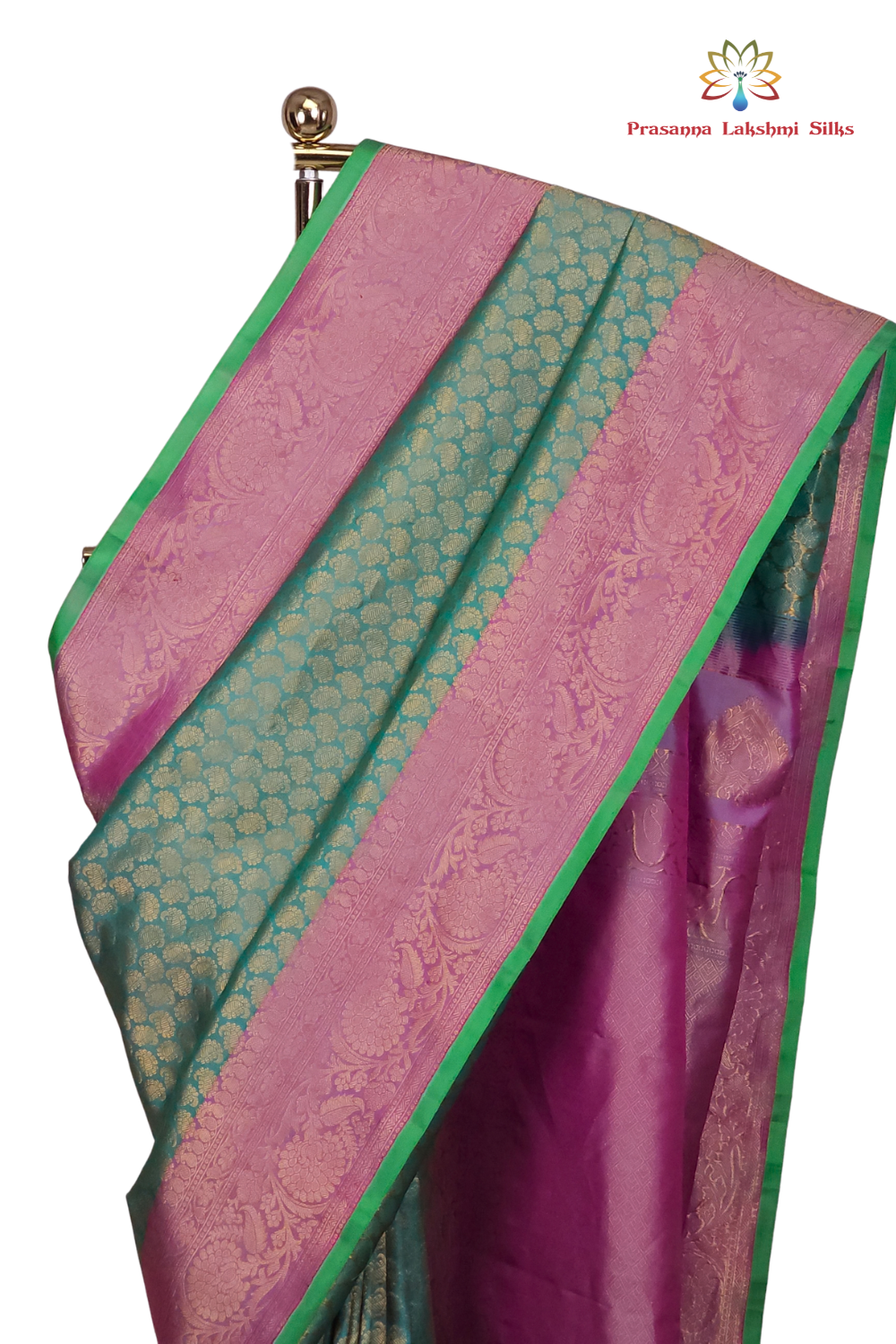 Mint Green Pure Handloom Gadwal Silk Saree with lavender turning borders and rich zari brocade pallu

