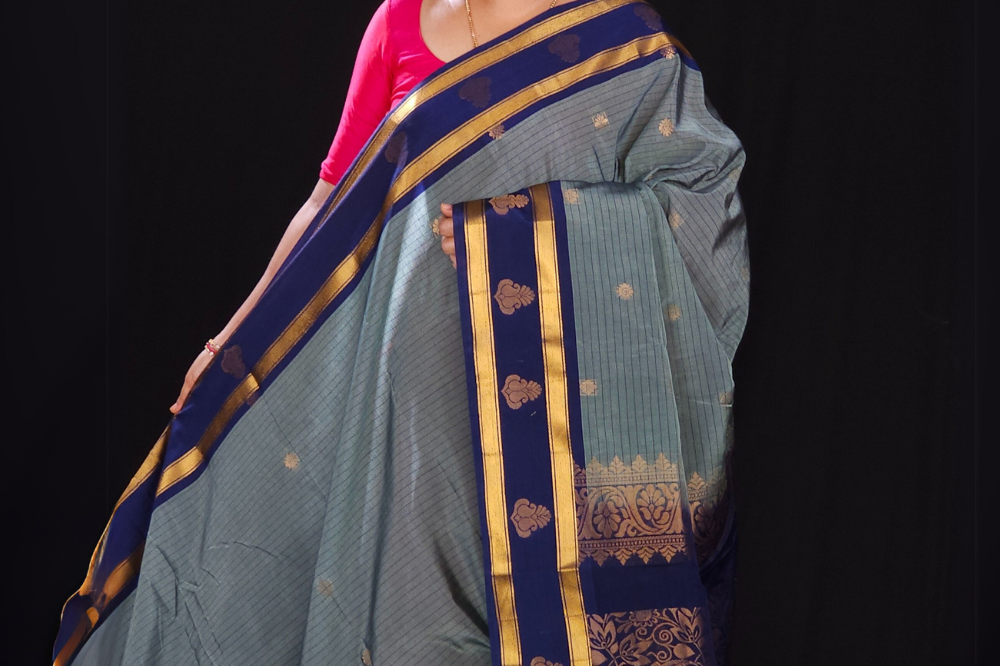 Greenish grey semi gadwal saree for wedding and festivals 