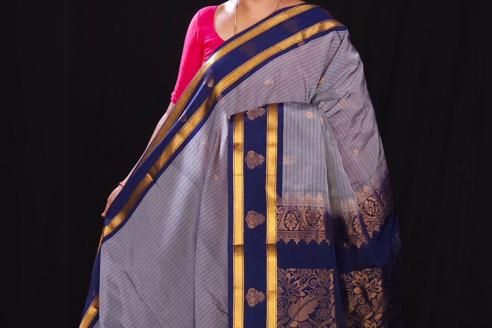 Ash and Navy Blue semi gadwal saree for wedding and festivals 
