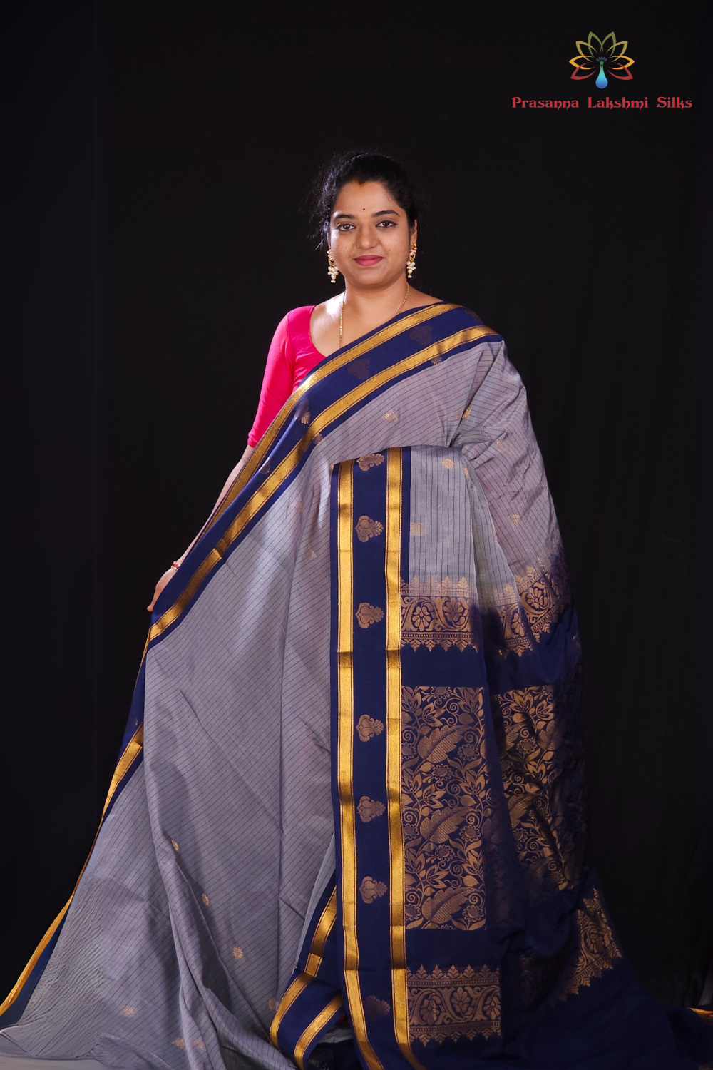 Ash and Navy Blue semi gadwal saree for wedding and festivals 