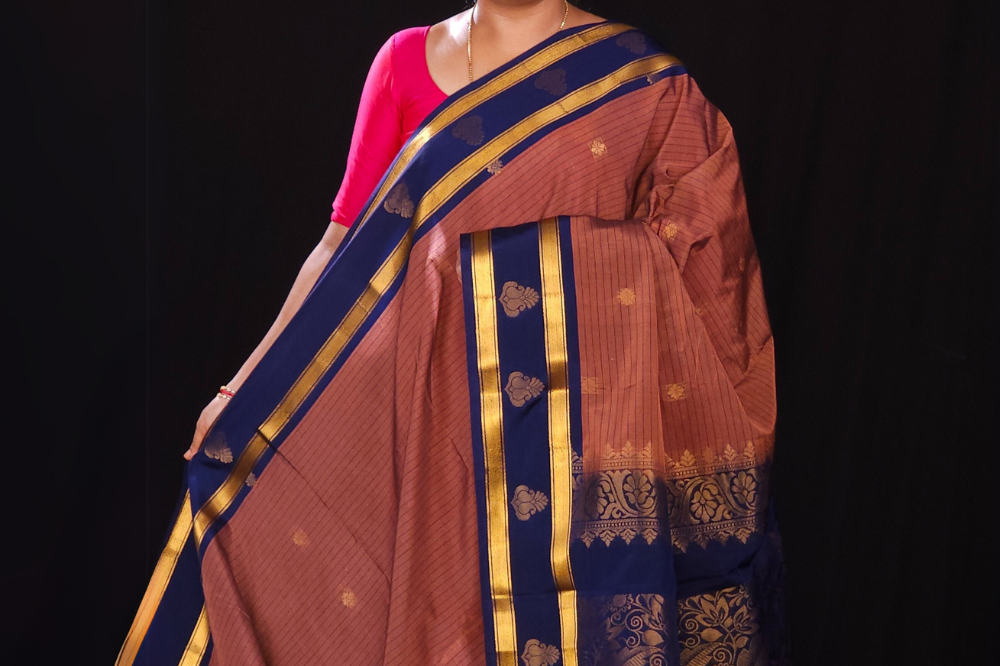 Mauve and Navy blue semi gadwal saree for wedding and festivals 
