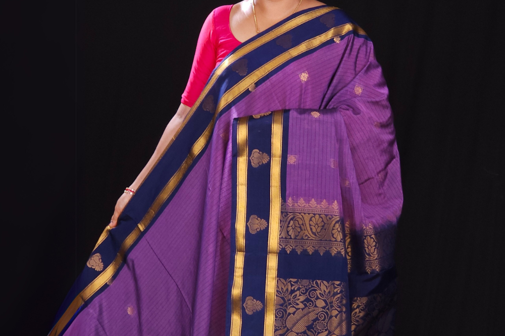 Lavender and Navy BLUE semi gadwal saree for wedding and festivals 