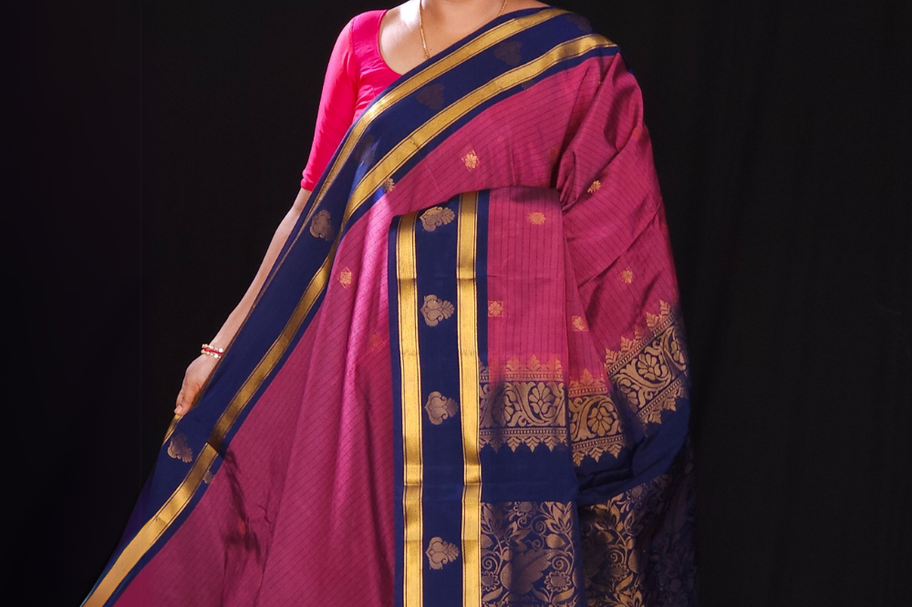 Grapevine and navy blue semi gadwal saree for wedding and festivals 