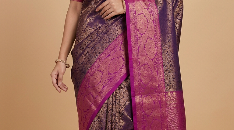 Navy Blue Gadwal Silk Saree with Purple Border
