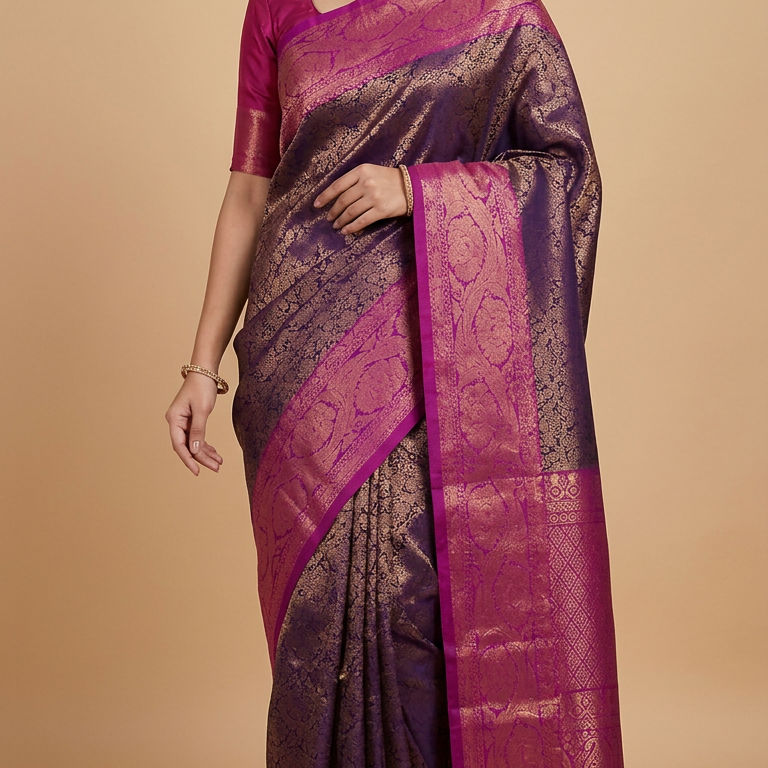 Navy Blue Gadwal Silk Saree with Purple Border
