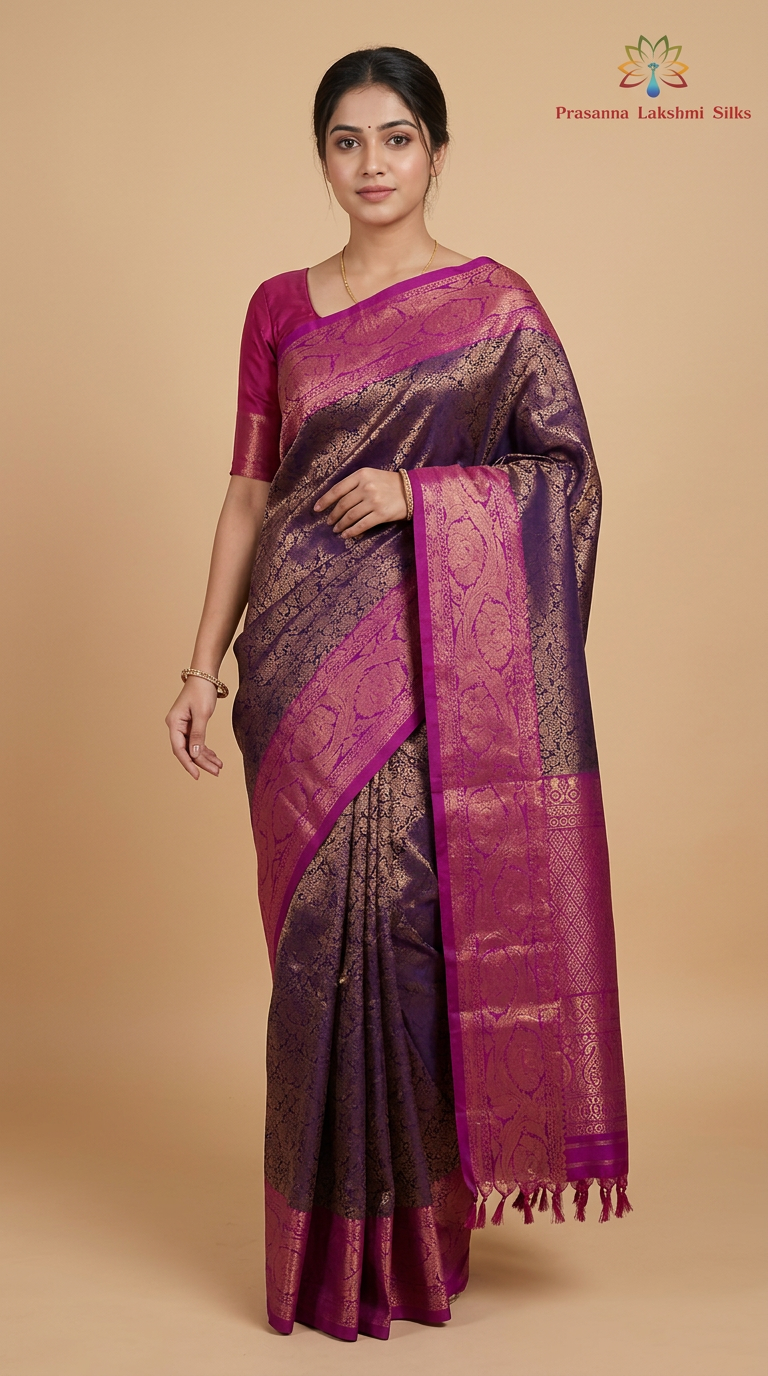 Navy Blue Gadwal Silk Saree with Purple Border
