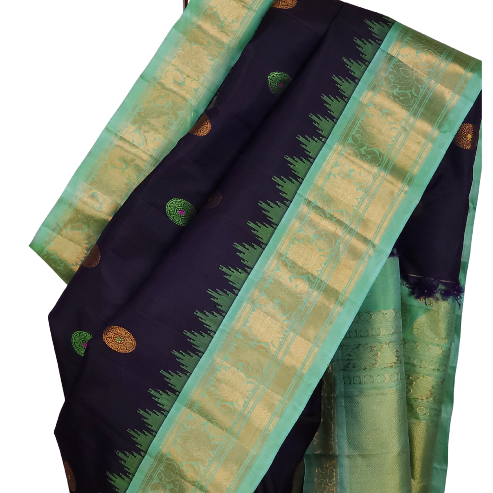 Navy Blue Handloom Gadwal Pure Silk Saree with Sea Green zari woven border and rich brocade pallu

