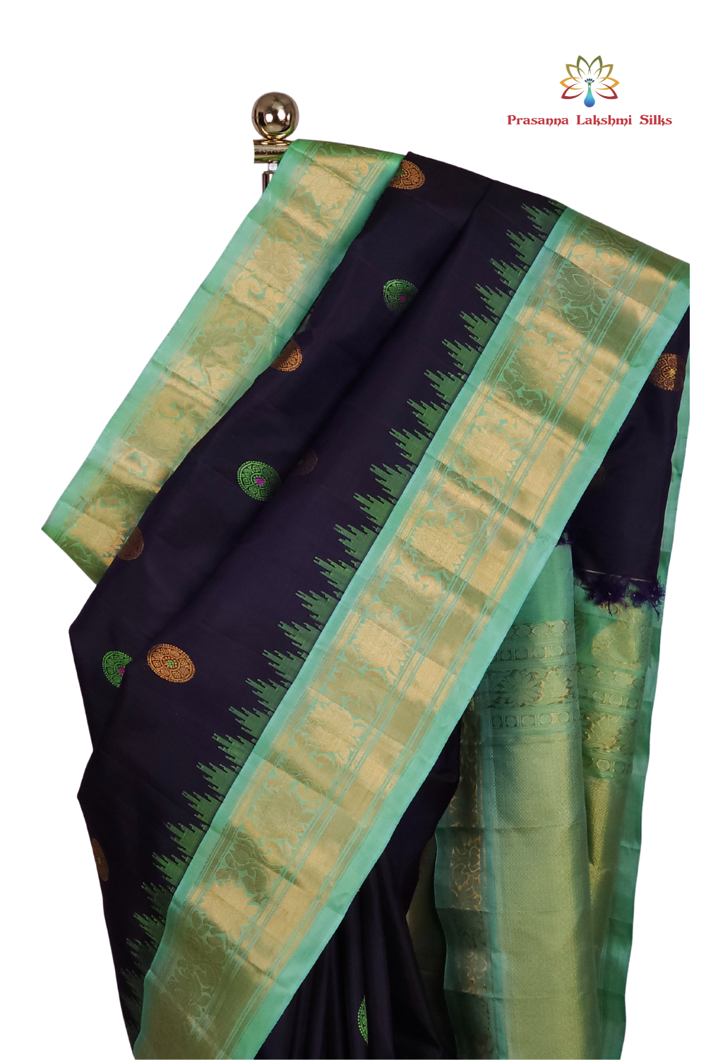 Navy Blue Handloom Gadwal Pure Silk Saree with Sea Green zari woven border and rich brocade pallu

