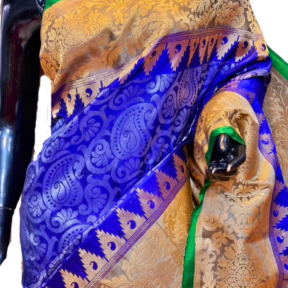 Navy Blue Pure Handloom Gadwal Silk Saree with Elephant Grey turning borders and rich zari brocade pallu

