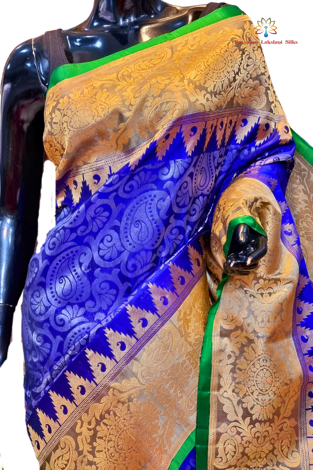 Navy Blue Pure Handloom Gadwal Silk Saree with Elephant Grey turning borders and rich zari brocade pallu

