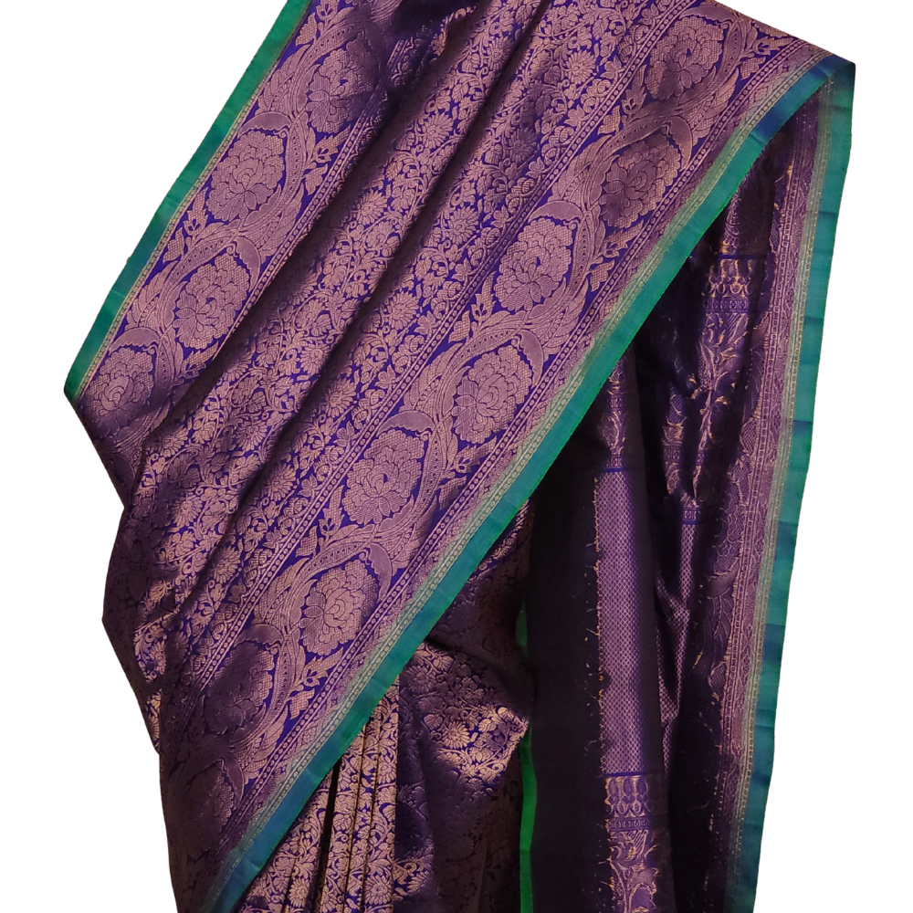 Navy Blue Pure Handloom Gadwal Silk Saree with navy turning borders and rich zari brocade pallu

