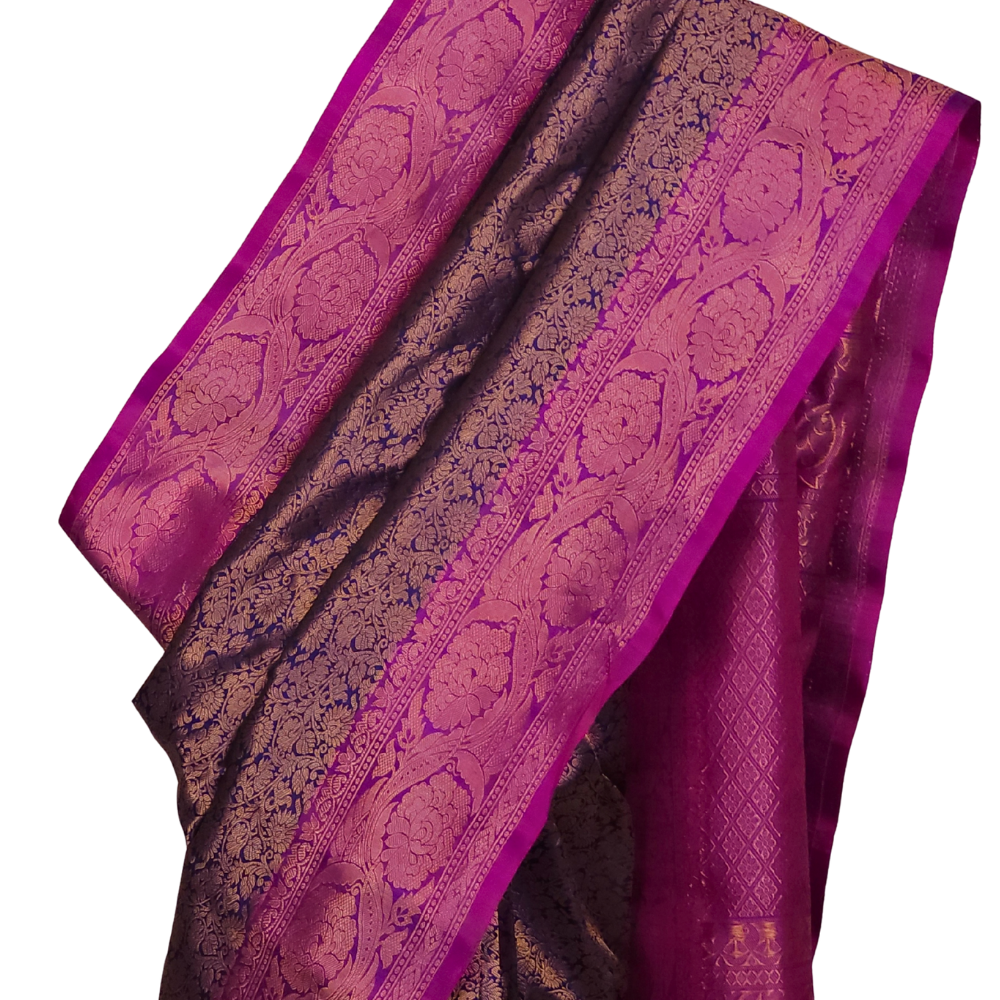 Navy Blue Pure Handloom Gadwal Silk Saree with purple turning borders and rich zari brocade pallu

