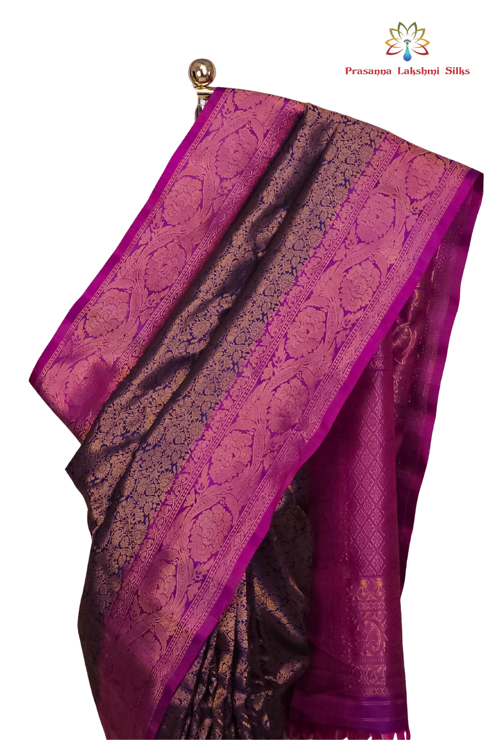 Navy Blue Pure Handloom Gadwal Silk Saree with purple turning borders and rich zari brocade pallu

