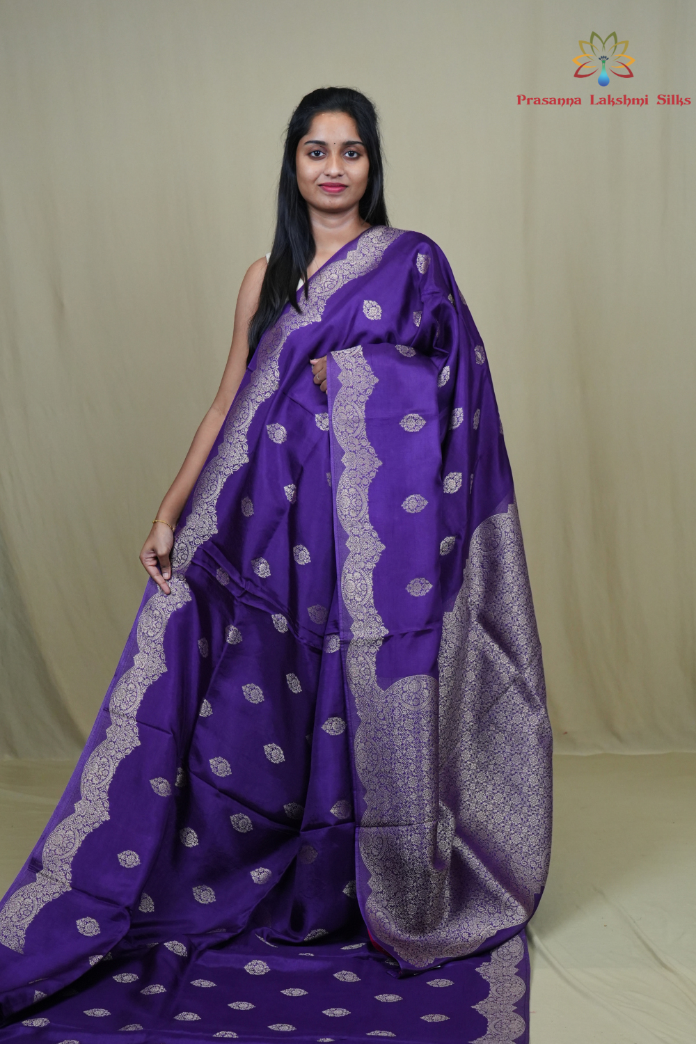 Banarasi Munga silk saree with all-over zari woven floral motifs and rich brocade pallu.
