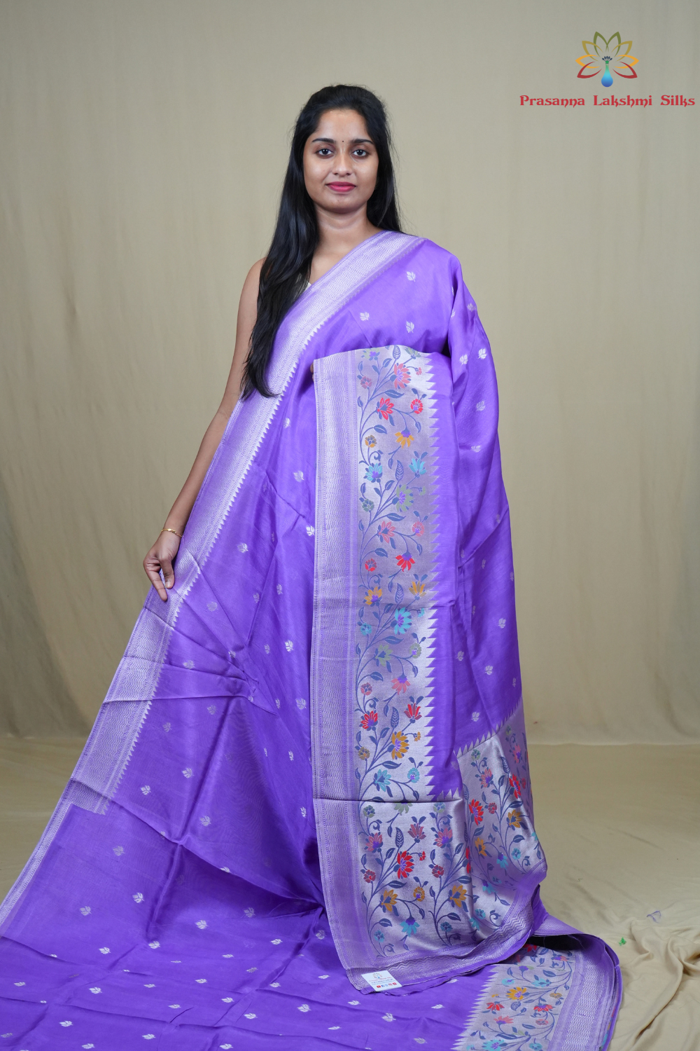 Tussar Georgette Saree with all-over silver zari woven motifs and floral Meenakari borders.
