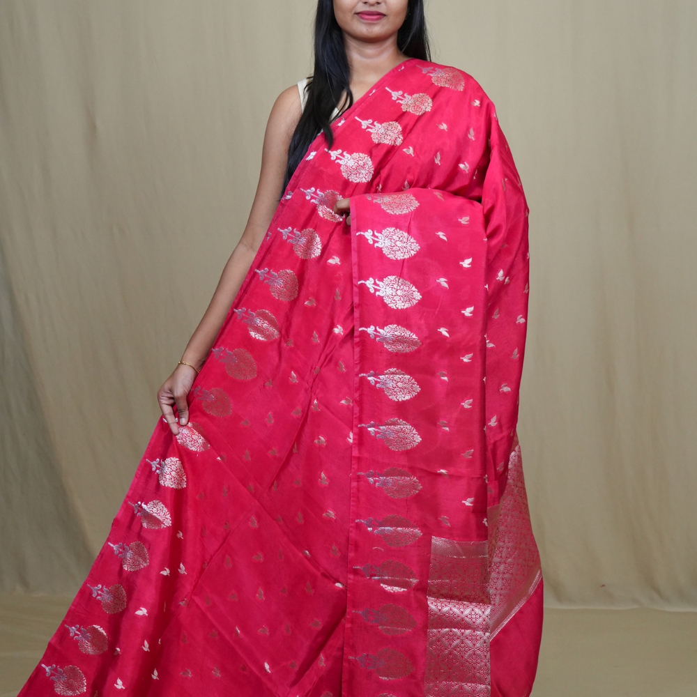 Banarasi Munga silk saree with all-over leaf-shaped zari woven motifs and gold/silver floral borders.
