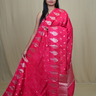 Banarasi Munga silk saree with all-over leaf-shaped zari woven motifs and gold/silver floral borders.

