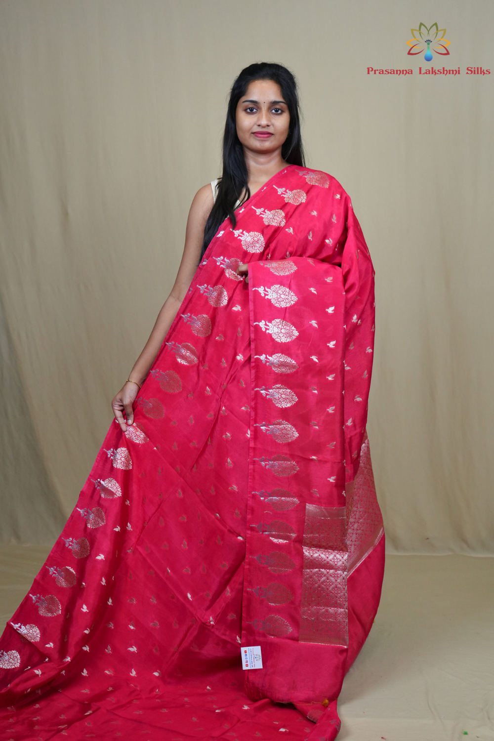 Banarasi Munga silk saree with all-over leaf-shaped zari woven motifs and gold/silver floral borders.
