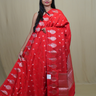 Banarasi Munga silk saree with all-over leaf-shaped zari woven motifs and gold/silver floral borders.
