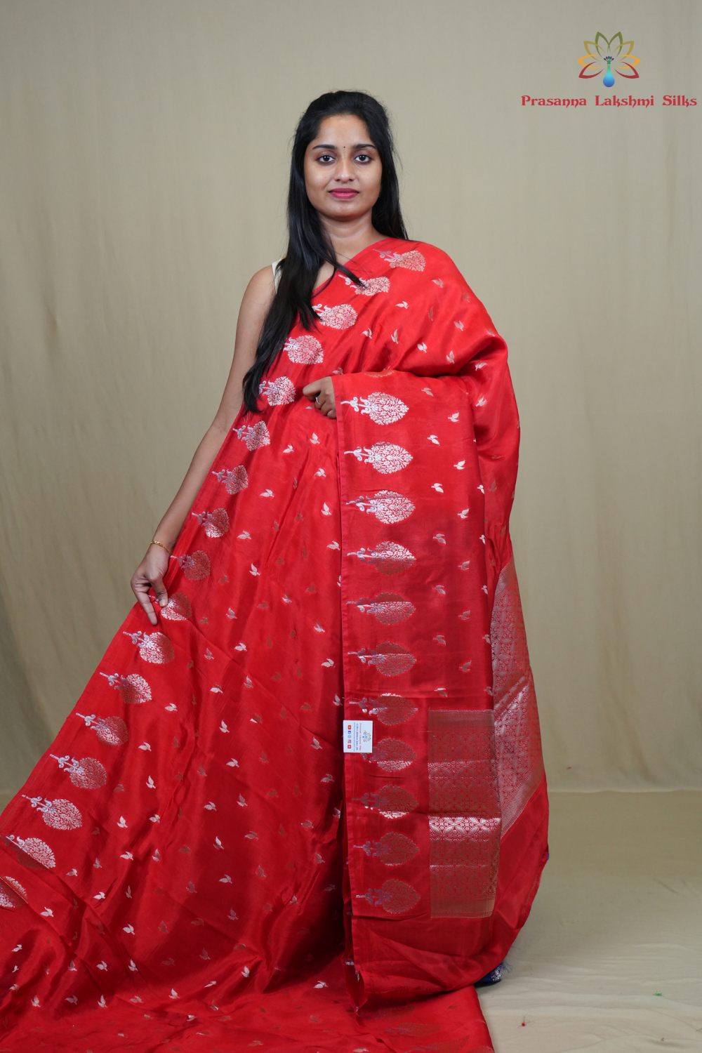 Banarasi Munga silk saree with all-over leaf-shaped zari woven motifs and gold/silver floral borders.
