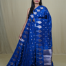 Banarasi Munga silk saree with all-over leaf-shaped zari woven motifs and gold/silver floral borders.
