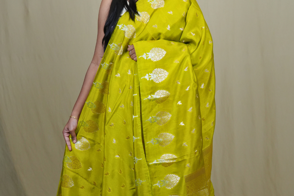 Banarasi Munga silk saree with all-over leaf-shaped zari woven motifs and gold/silver floral borders.

